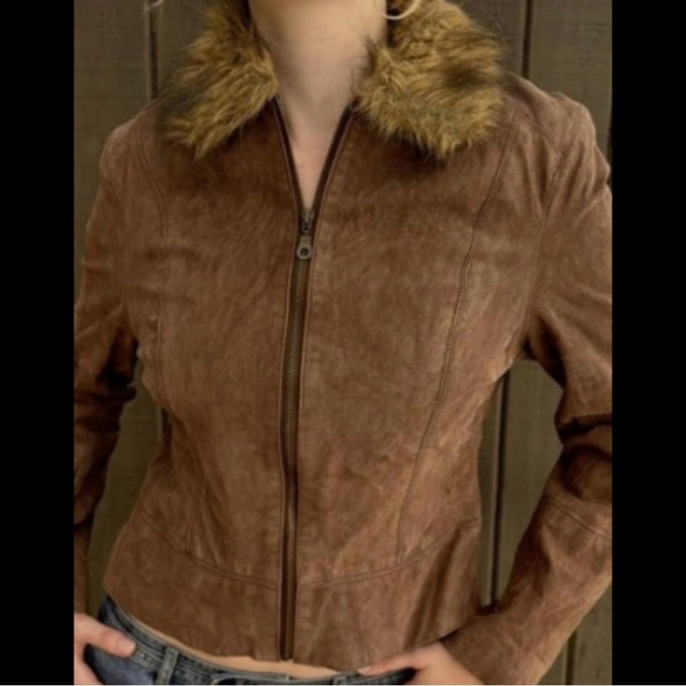 Brown Suede Leather Jacket Faux Fur Collar Uniform By John Paul Richard